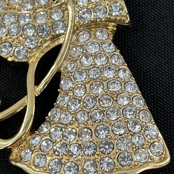 Vintage Monet Brooch Signed Pave Rhinestones Gold Tone Pin, Angel w/ Trumpet - Picture 2 of 5